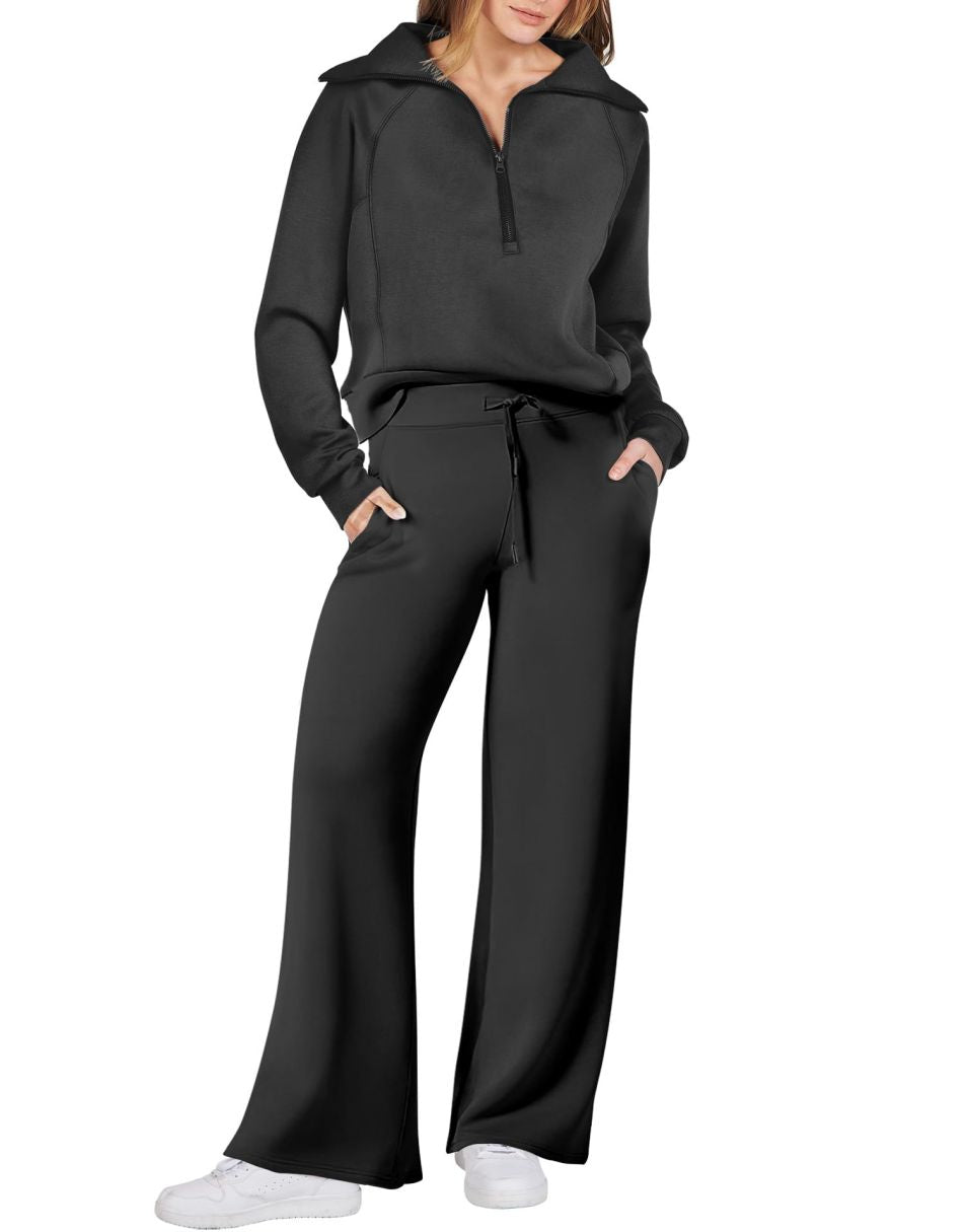 Glamaker Womens 2 Piece Outfits Sweatsuit Set Oversized Half Zip Sweatshirt  Wide Leg Sweatpants Lounge Set Tracksuit