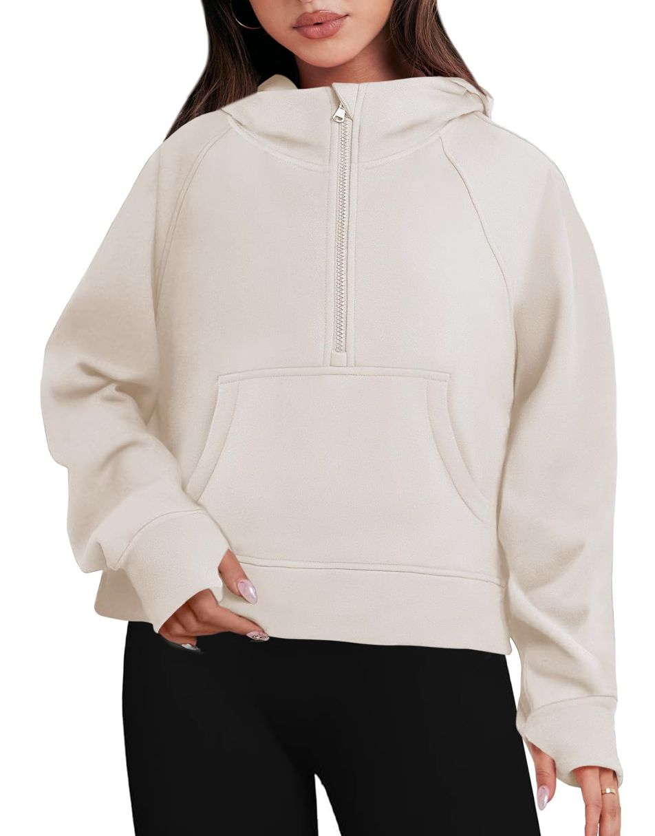 Cropped Sweatshirts for Women Quarter Zip Fleece Pullover Half Zip Hoodies  with Pockets Fall Y2K Outfits 2023 Trendy Preppy Sweatshirt Beige S :  : Fashion