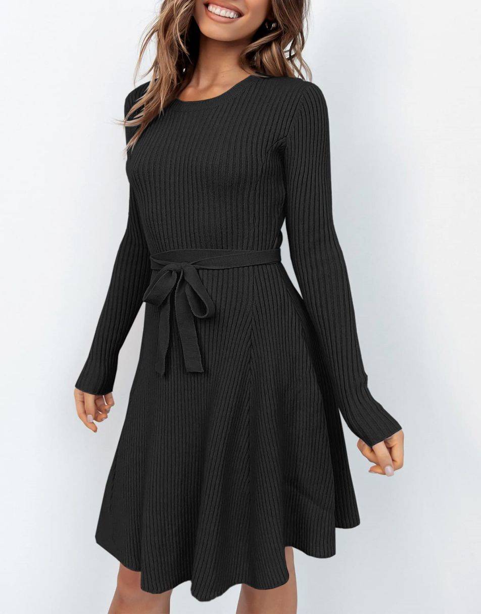 ANRABESS Women's Tie Waist A-Line Ribbed Sweater Dress ANRABESS Women's Tie Waist A-Line Ribbed Sweater Dress