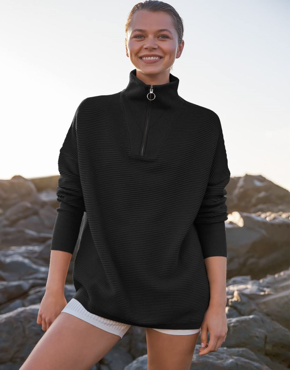 トップス Ann ANRABESS Women's Oversized Quarter Zip Rib Knit Sweater