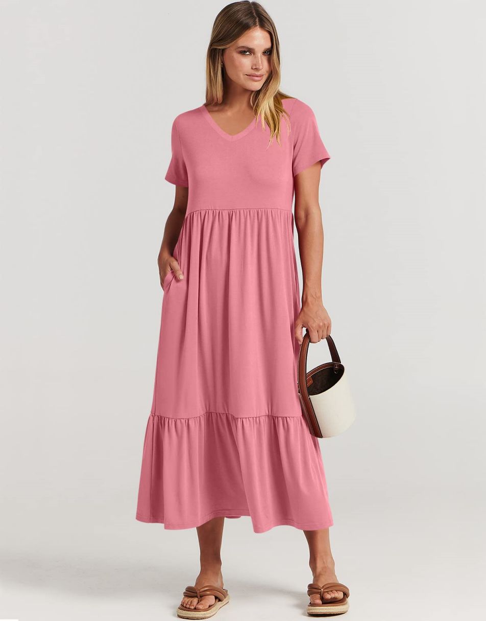tiered beach dress ANRABESS V-Neck Tiered Maxi Beach Dress with Pockets