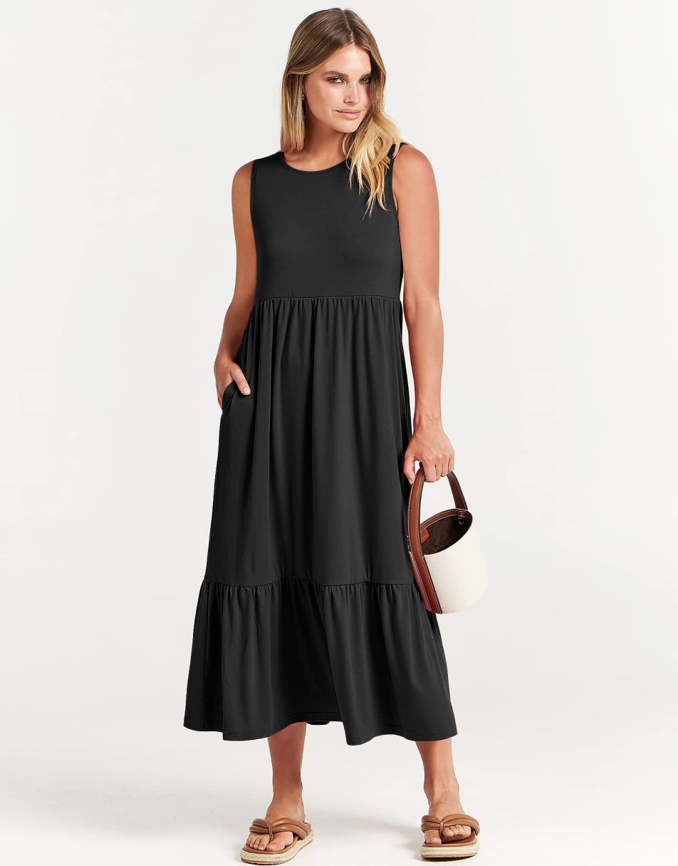 slim fit dress slacks ANRABESS Tiered Fit & Flare Maxi Sundress with Pockets
