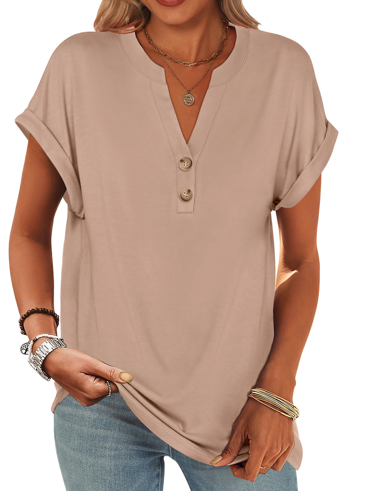 ANRABESS Women's Short Sleeve V-Neck Henley Top
