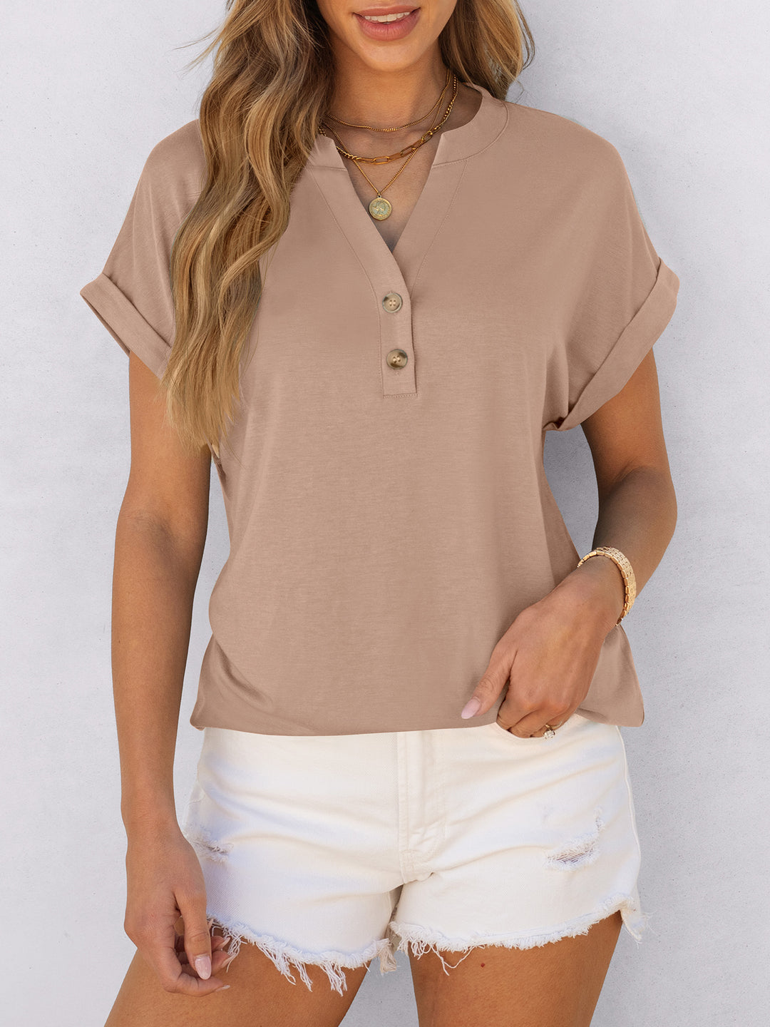 ANRABESS Women's Short Sleeve V-Neck Henley Top