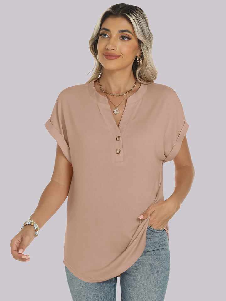 ANRABESS Women's Short Sleeve V-Neck Henley Top