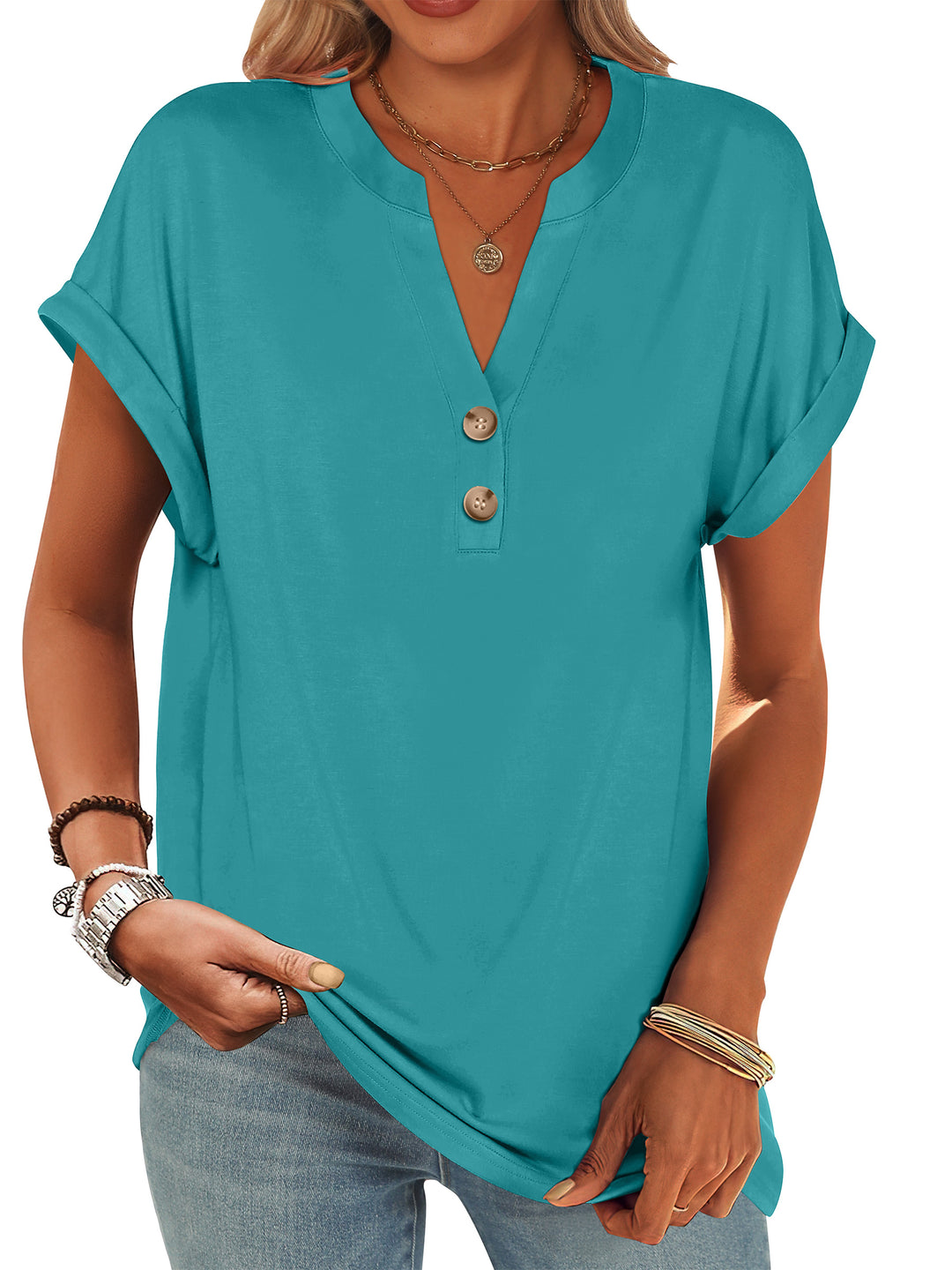 ANRABESS Women's Short Sleeve V-Neck Henley Top