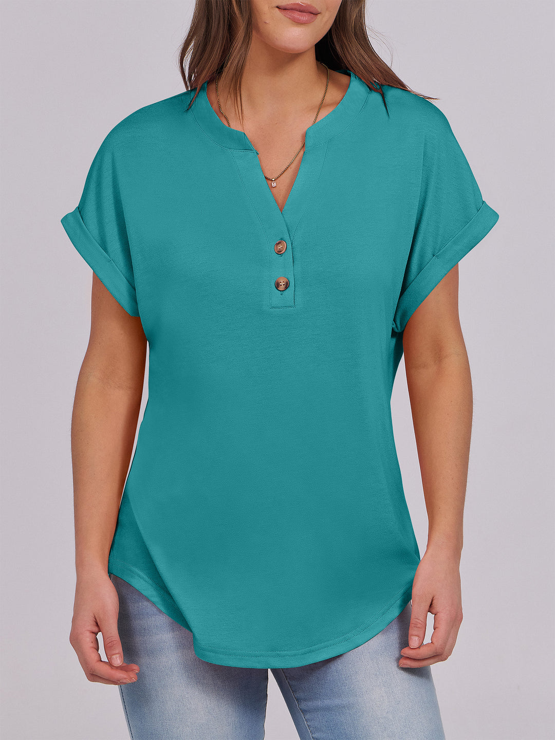 ANRABESS Women's Short Sleeve V-Neck Henley Top