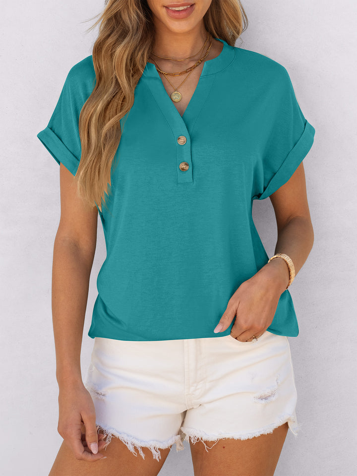 ANRABESS Women's Short Sleeve V-Neck Henley Top