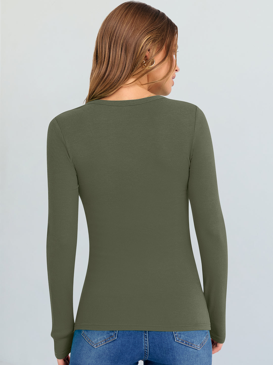 ANRABESS Long Sleeve Shirts for Women V Neck Ribbed Knit Fitted Fall Basic Tshirts Going Out Tops 2025 Casual Trendy Clothes