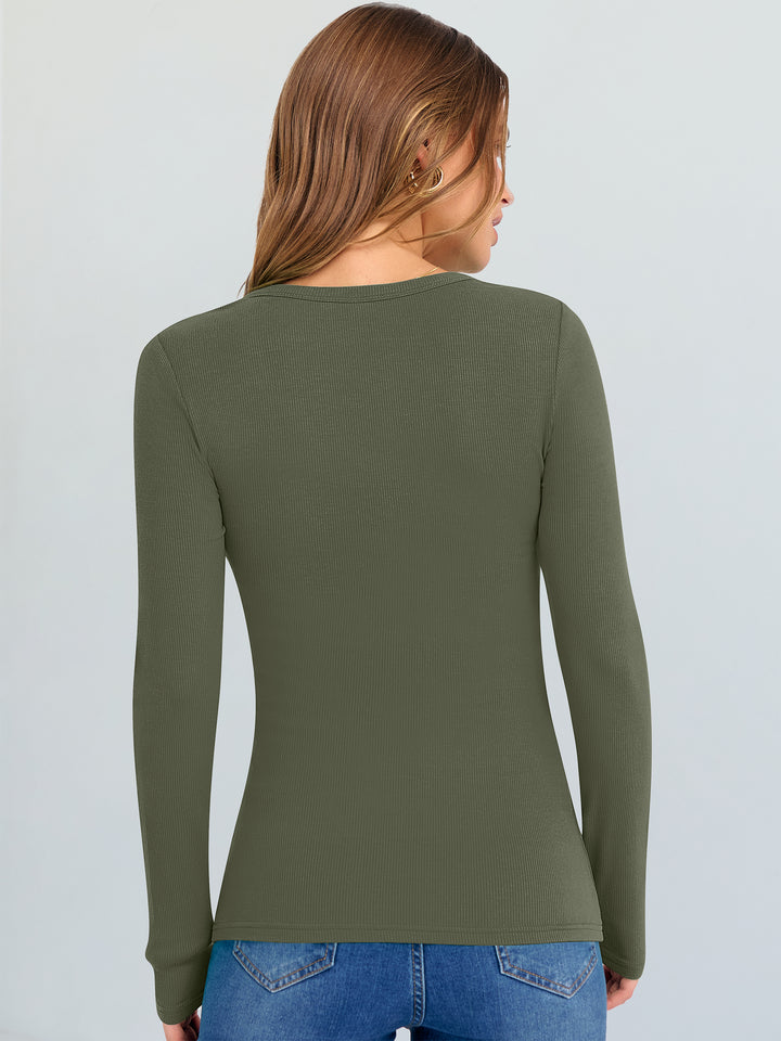 ANRABESS Long Sleeve Shirts for Women V Neck Ribbed Knit Fitted Fall Basic Tshirts Going Out Tops 2025 Casual Trendy Clothes