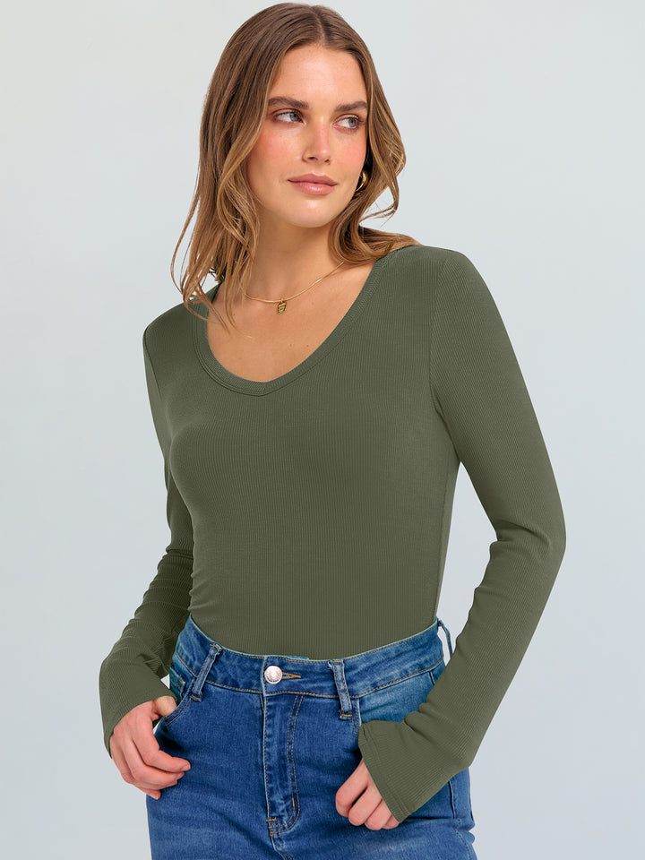 ANRABESS Long Sleeve Shirts for Women V Neck Ribbed Knit Fitted Fall Basic Tshirts Going Out Tops 2025 Casual Trendy Clothes