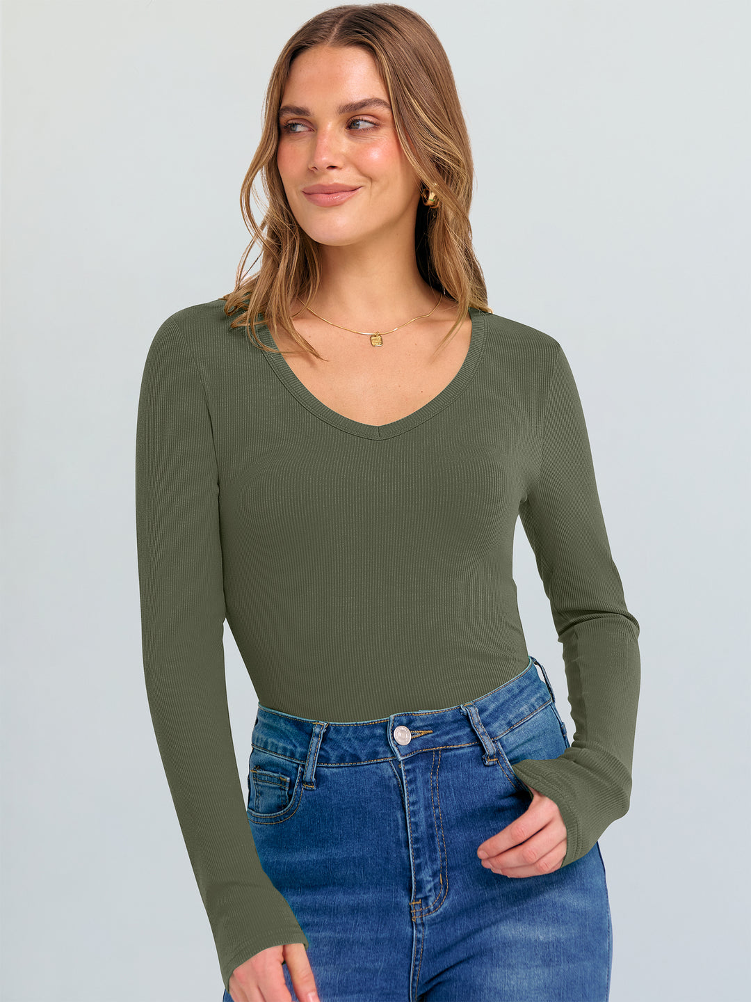 ANRABESS Long Sleeve Shirts for Women V Neck Ribbed Knit Fitted Fall Basic Tshirts Going Out Tops 2025 Casual Trendy Clothes