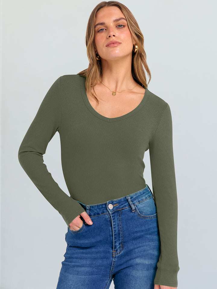 ANRABESS Long Sleeve Shirts for Women V Neck Ribbed Knit Fitted Fall Basic Tshirts Going Out Tops 2025 Casual Trendy Clothes