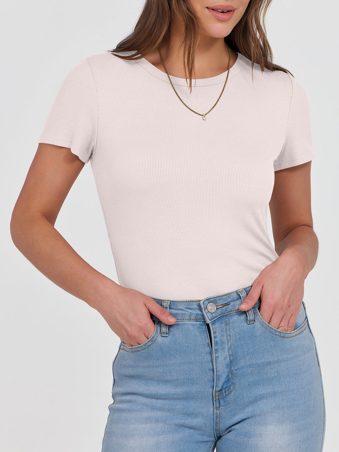 ANRABESS Women's Ribbed Crewneck Slim Fit Tee