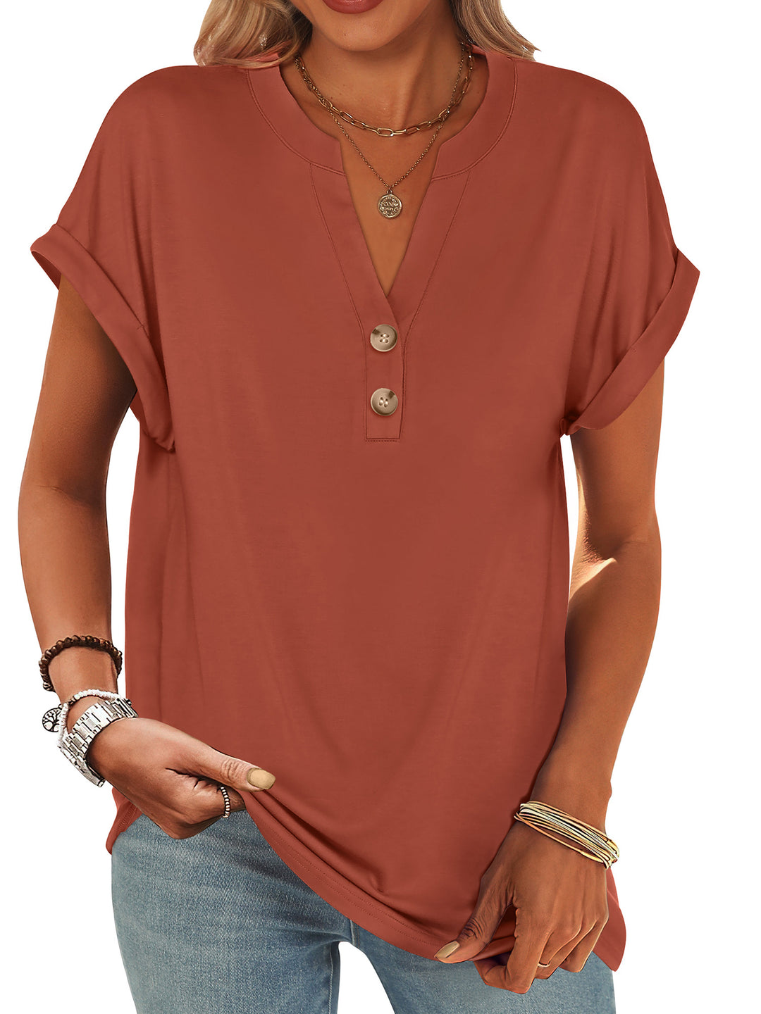 ANRABESS Women's Short Sleeve V-Neck Henley Top