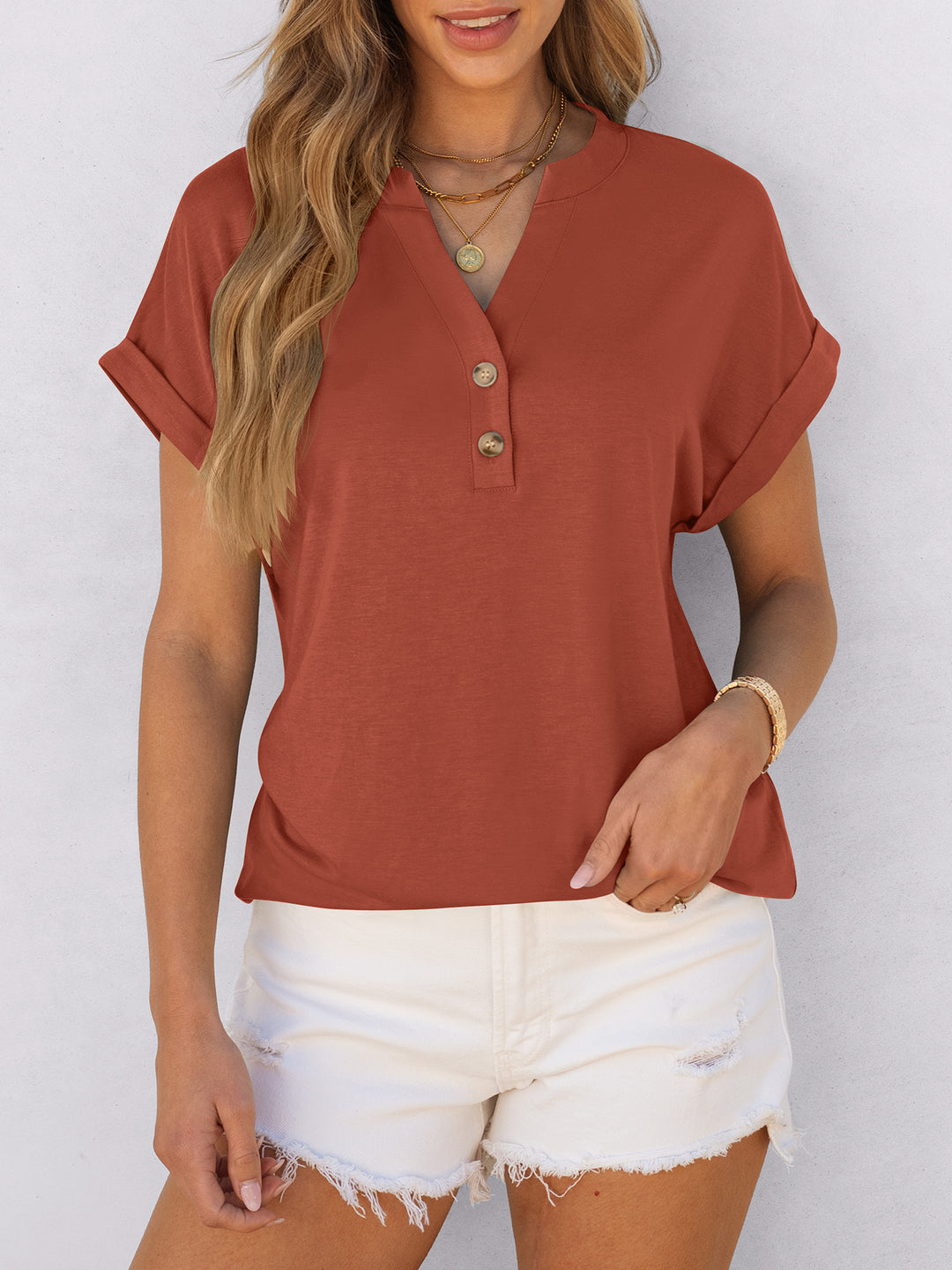 ANRABESS Women's Short Sleeve V-Neck Henley Top