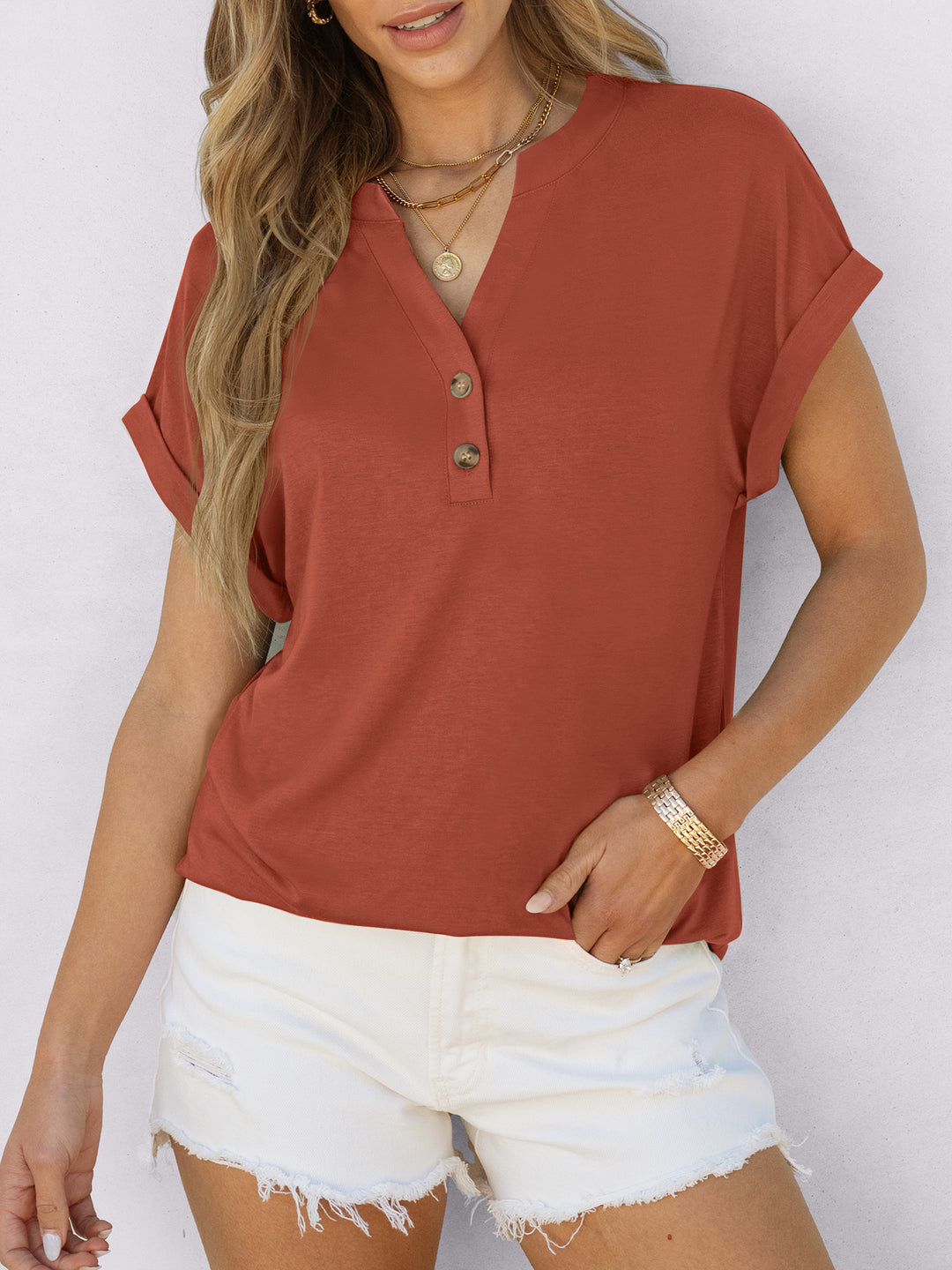 ANRABESS Women's Short Sleeve V-Neck Henley Top