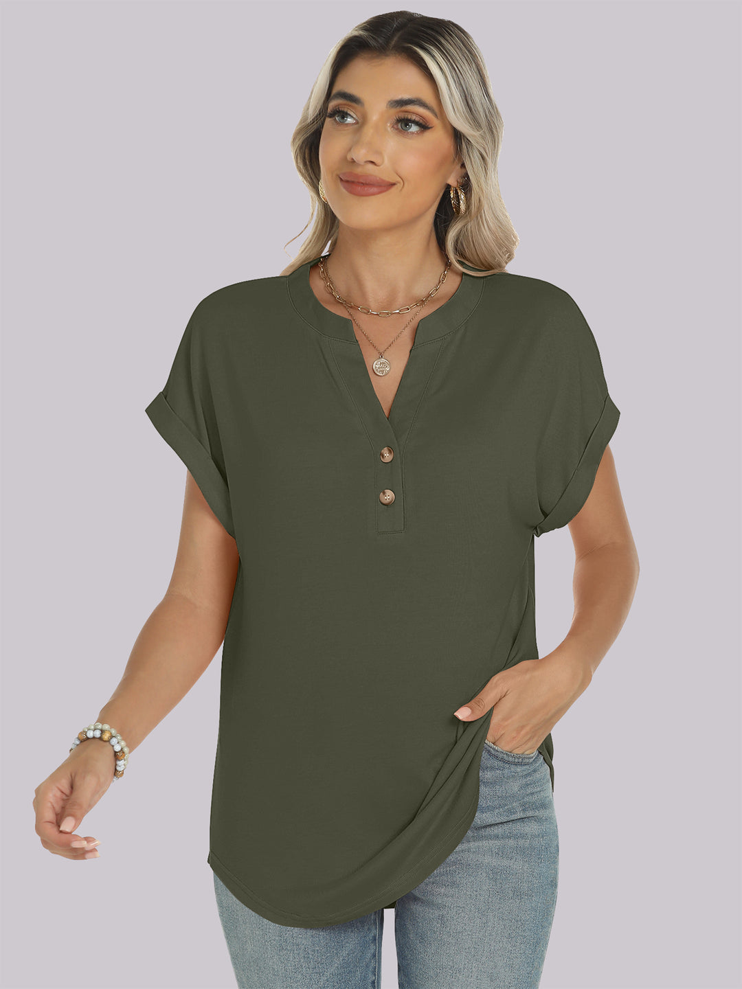 ANRABESS Women's Short Sleeve V-Neck Henley Top