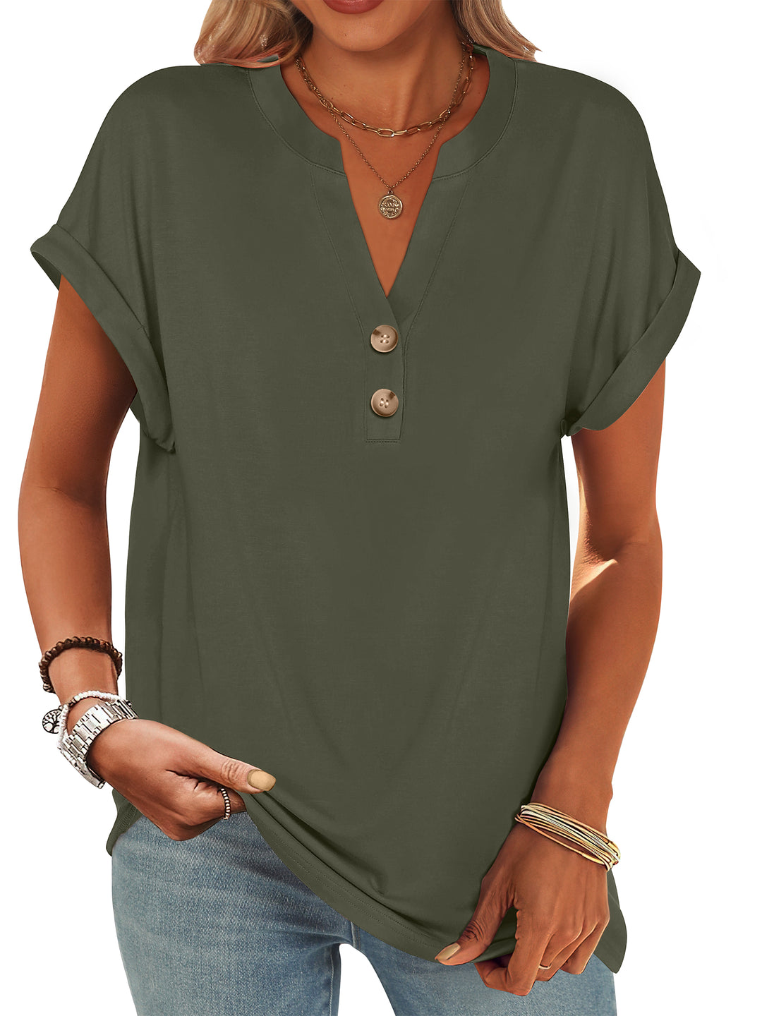 ANRABESS Women's Short Sleeve V-Neck Henley Top