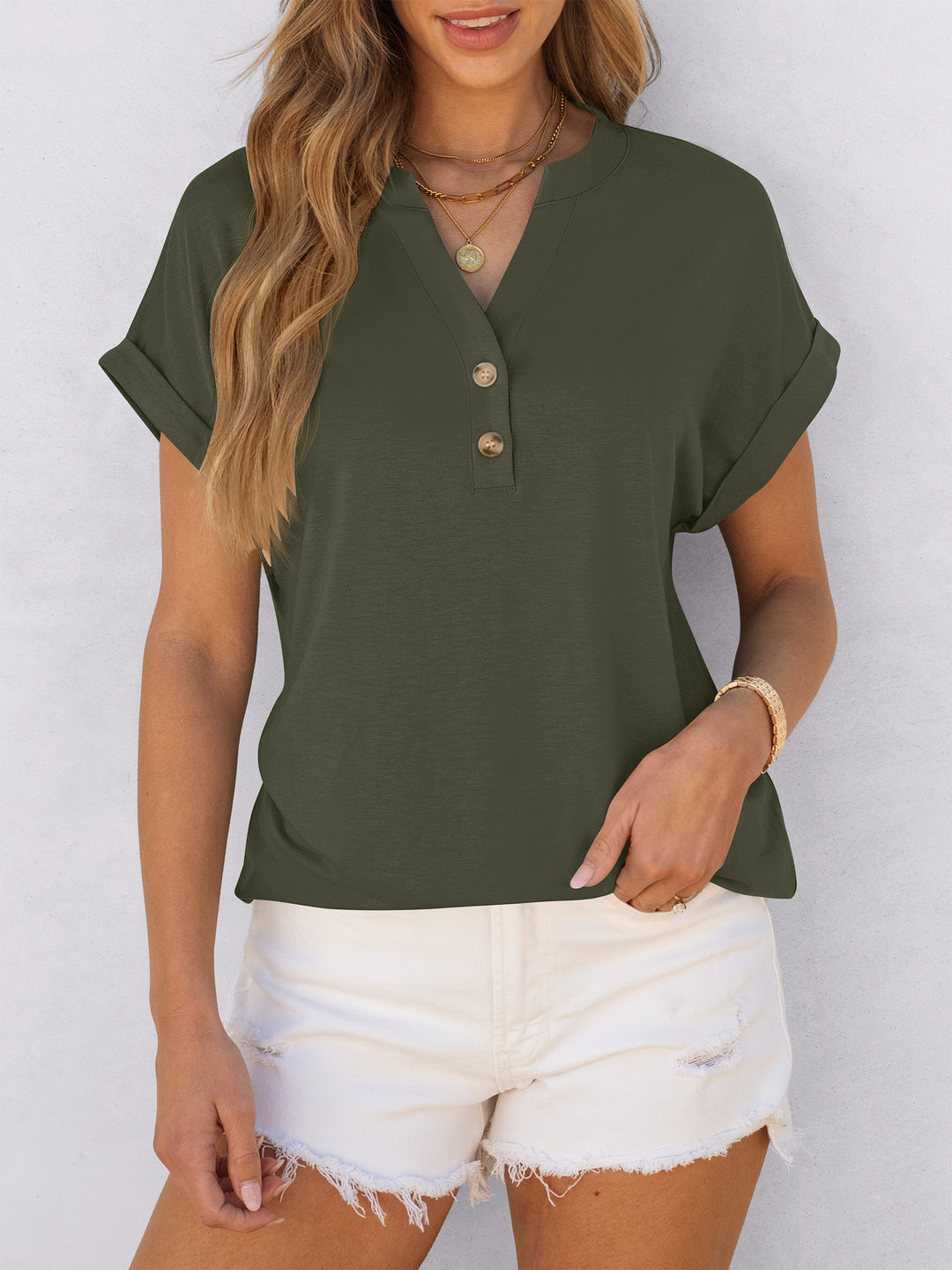 ANRABESS Women's Short Sleeve V-Neck Henley Top