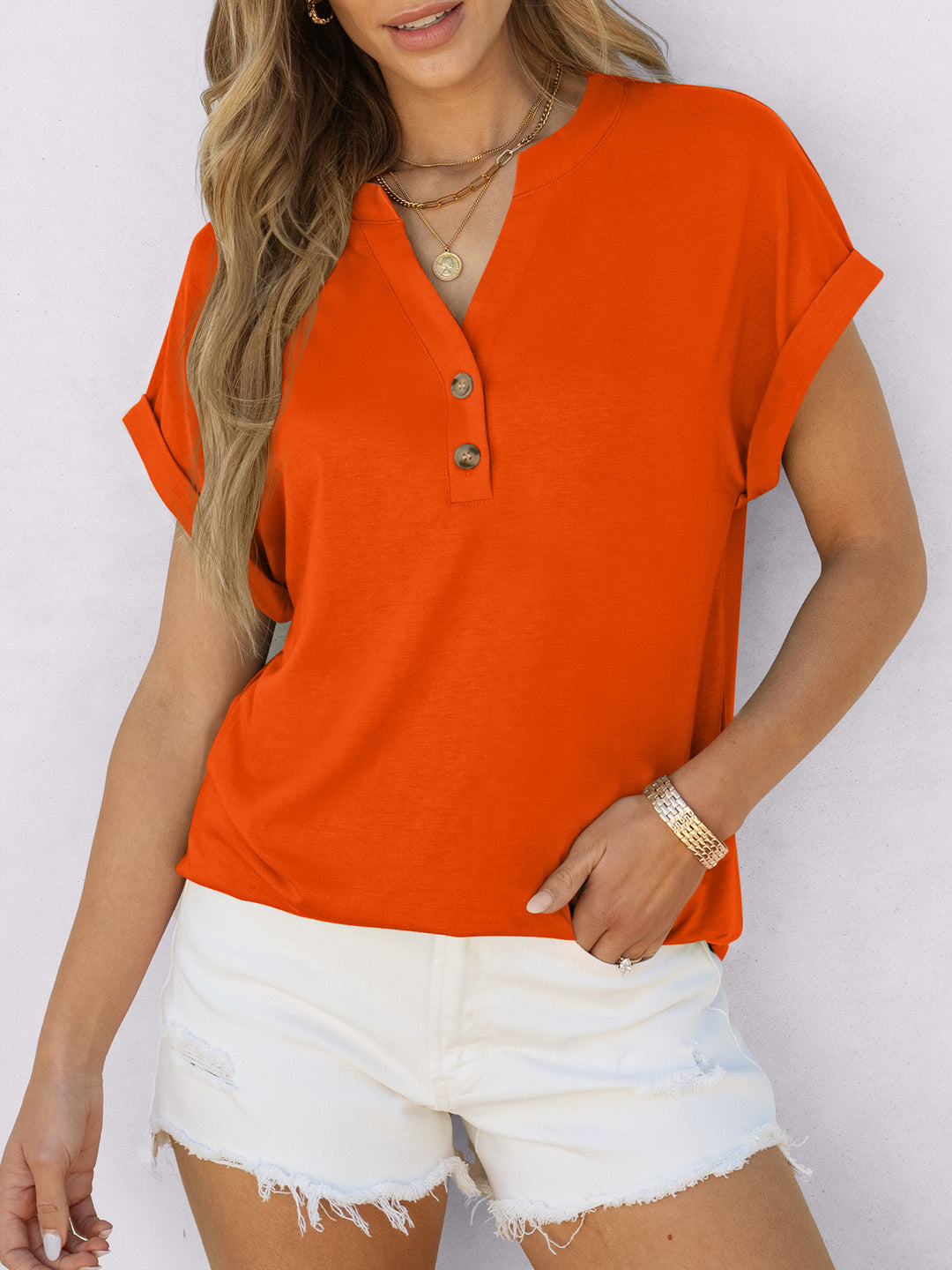 ANRABESS Women's Short Sleeve V-Neck Henley Top