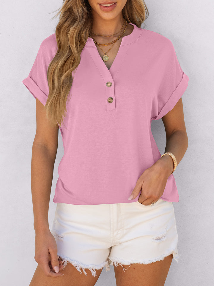 ANRABESS Women's Short Sleeve V-Neck Henley Top