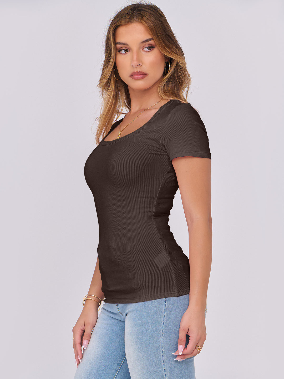 ANRABESS Women's Ribbed Scoop Neck Slim Fit Tee