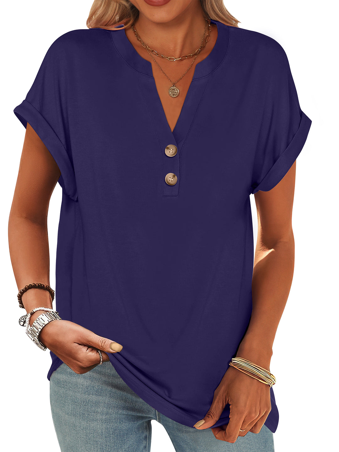 ANRABESS Women's Short Sleeve V-Neck Henley Top
