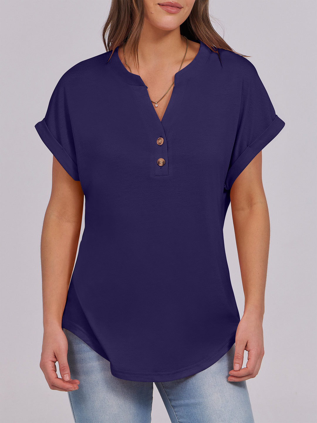 ANRABESS Women's Short Sleeve V-Neck Henley Top