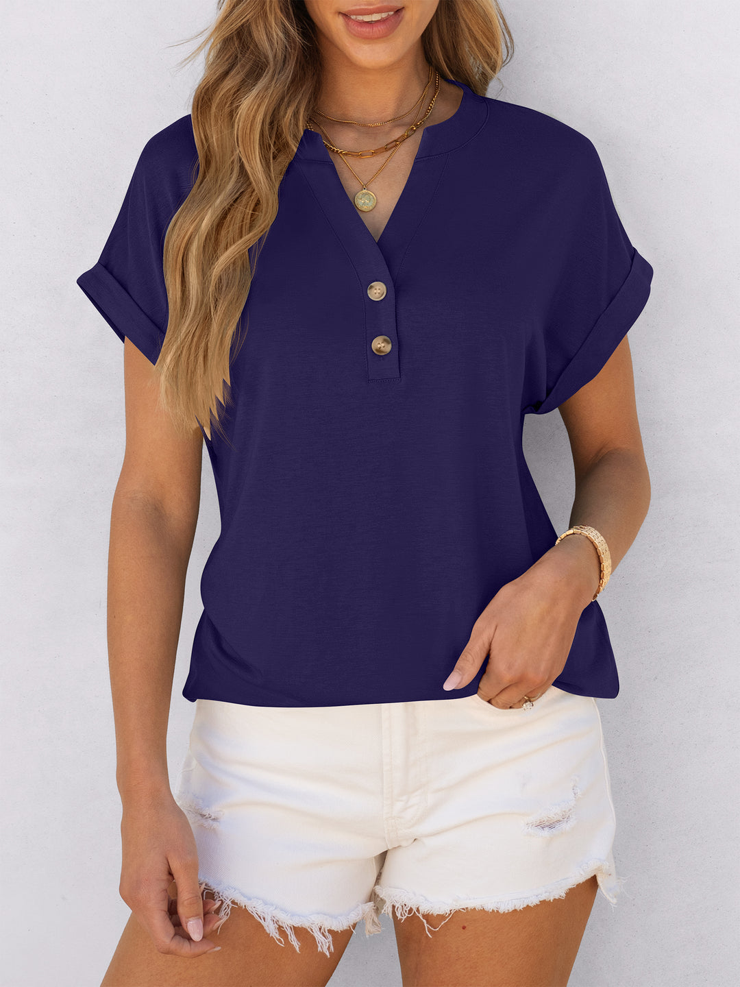 ANRABESS Women's Short Sleeve V-Neck Henley Top