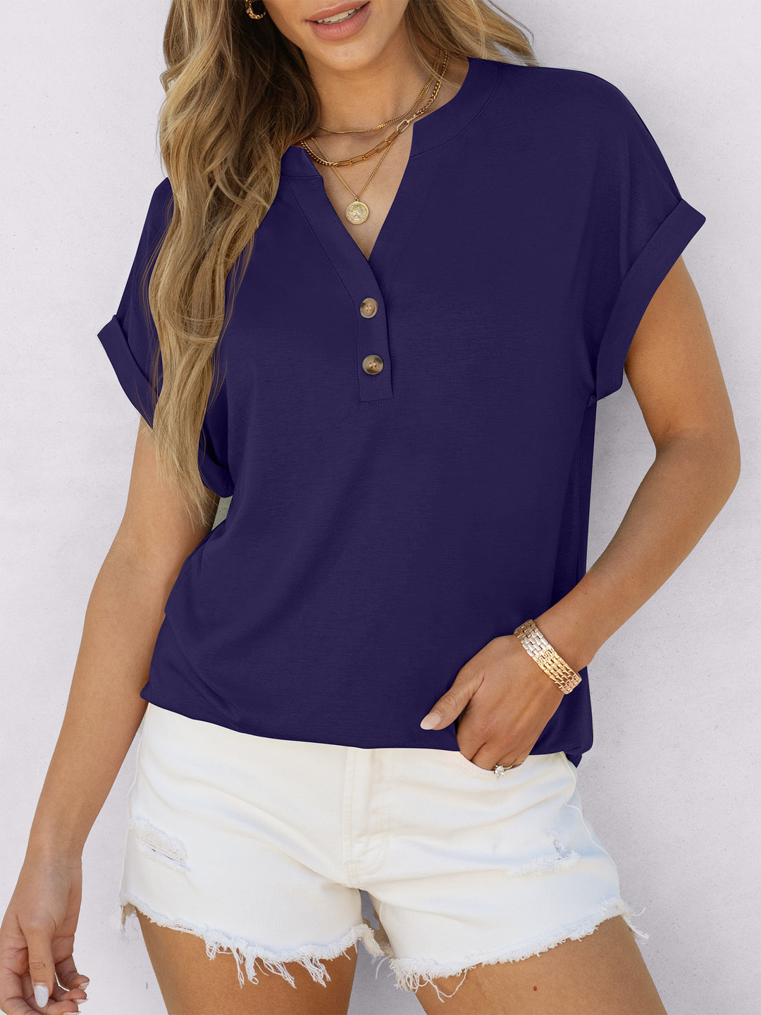 ANRABESS Women's Short Sleeve V-Neck Henley Top