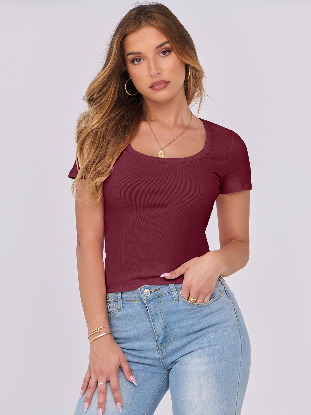 ANRABESS Women's Ribbed Scoop Neck Slim Fit Tee