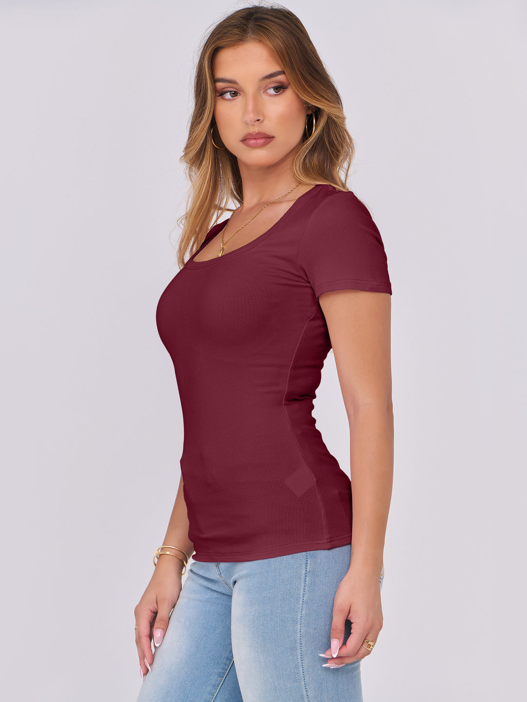 ANRABESS Women's Ribbed Scoop Neck Slim Fit Tee