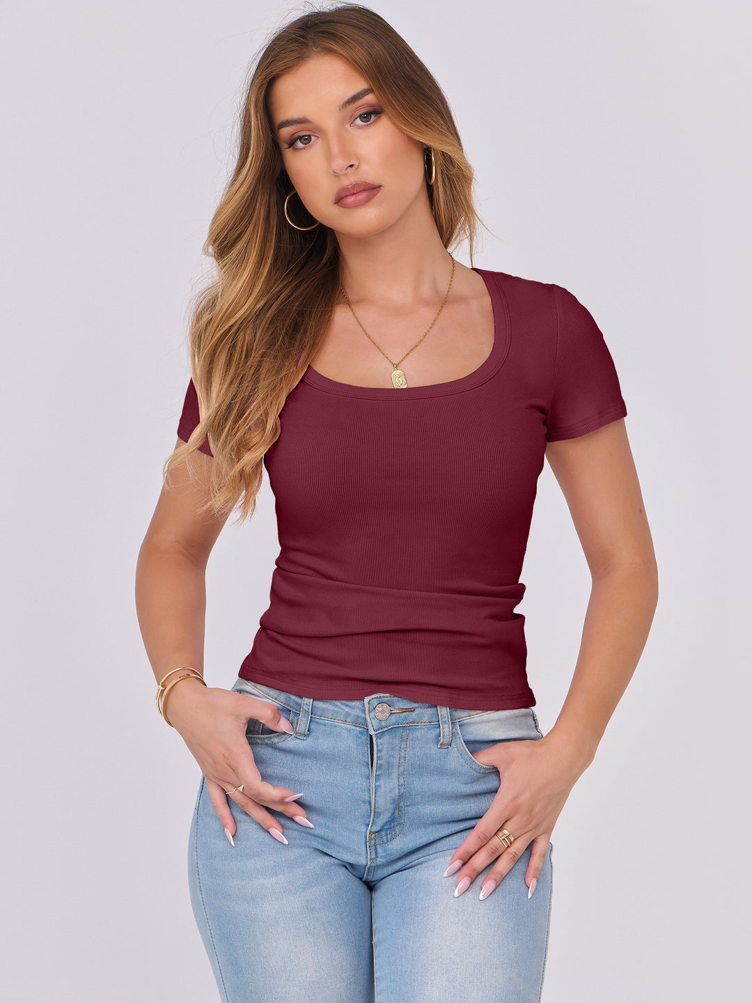 ANRABESS Women's Ribbed Scoop Neck Slim Fit Tee