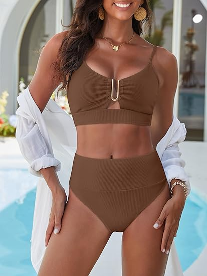 ANRABESS Women's High Waisted Bikini Set: Sexy Ribbed U-Wire Cutout Swimsuit