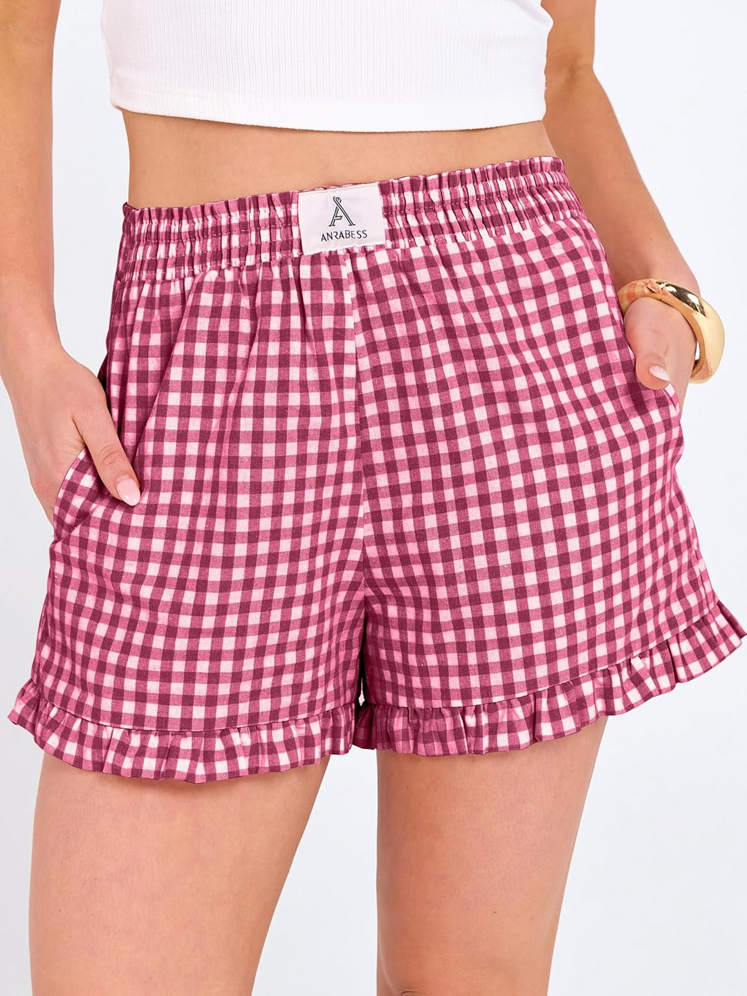 ANRABESS Women's Gingham Shorts - Ruffle Boxer Pajama Shorts with Pockets