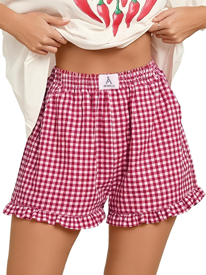 ANRABESS Women's Gingham Shorts - Ruffle Boxer Pajama Shorts with Pockets