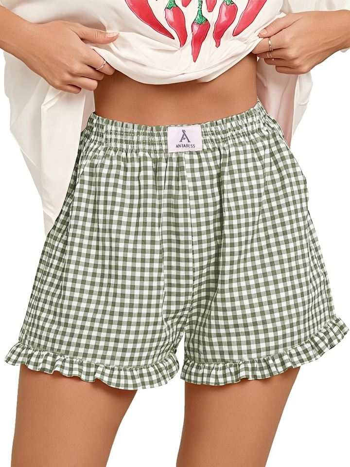 ANRABESS Women's Gingham Shorts - Ruffle Boxer Pajama Shorts with Pockets