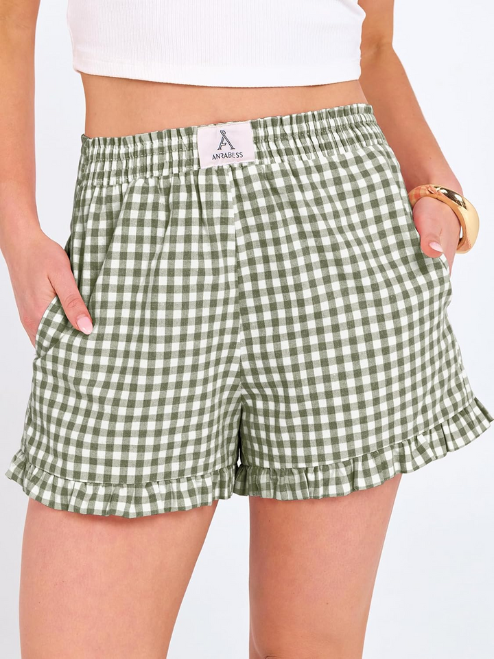 ANRABESS Women's Gingham Shorts - Ruffle Boxer Pajama Shorts with Pockets