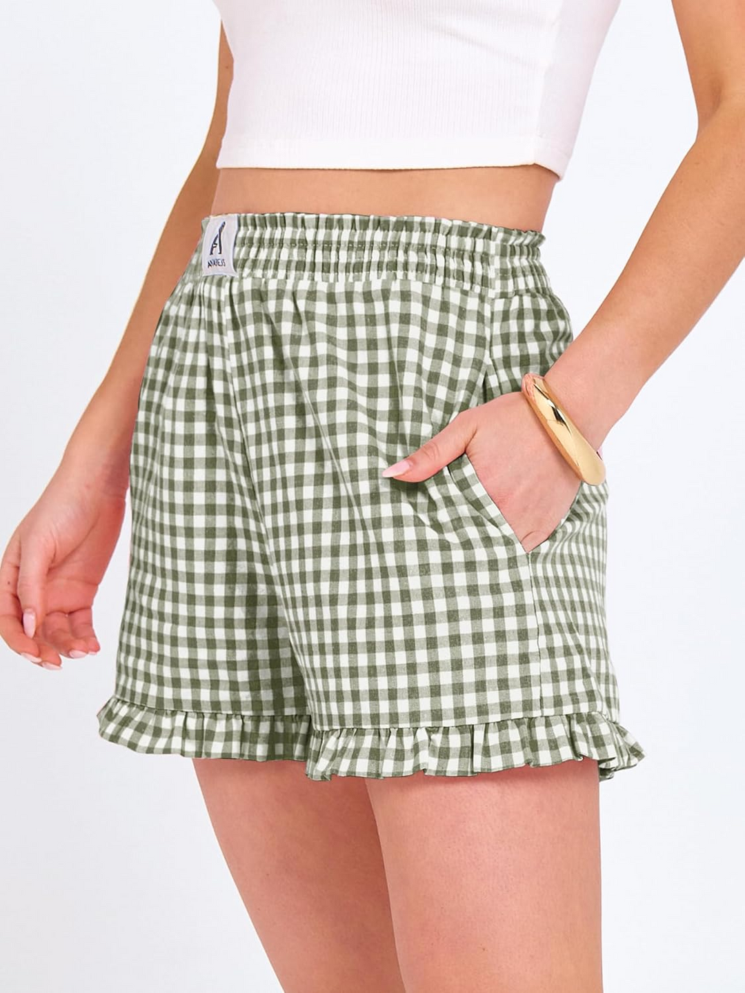 ANRABESS Women's Gingham Shorts - Ruffle Boxer Pajama Shorts with Pockets