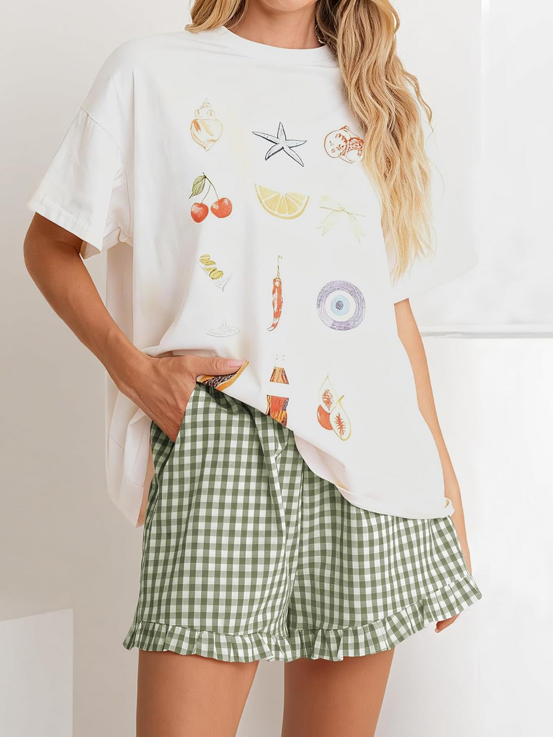 ANRABESS Women's Gingham Shorts - Ruffle Boxer Pajama Shorts with Pockets