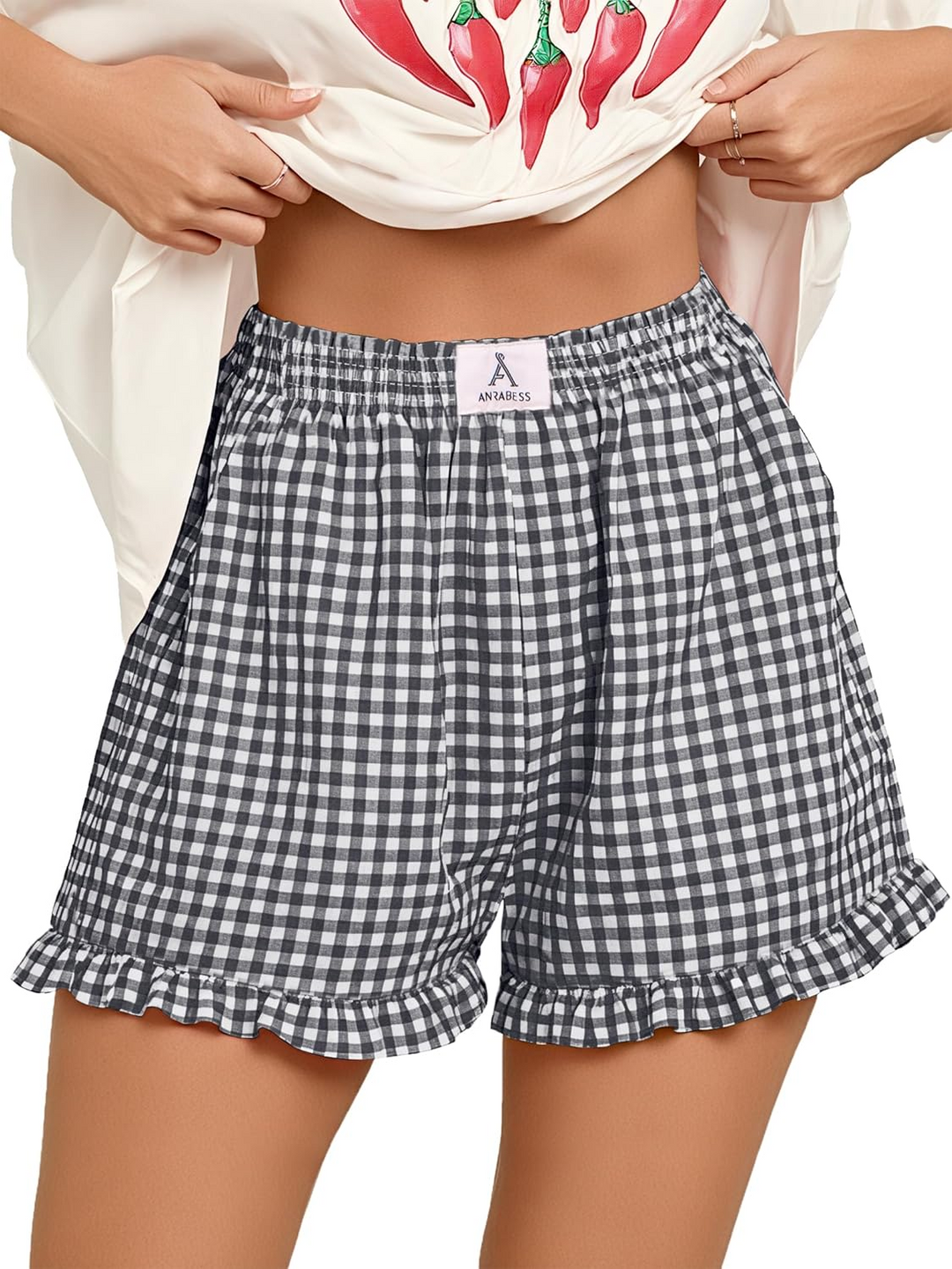 ANRABESS Women's Gingham Shorts - Ruffle Boxer Pajama Shorts with Pockets