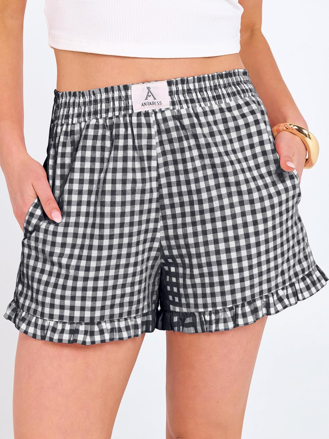 ANRABESS Women's Gingham Shorts - Ruffle Boxer Pajama Shorts with Pockets