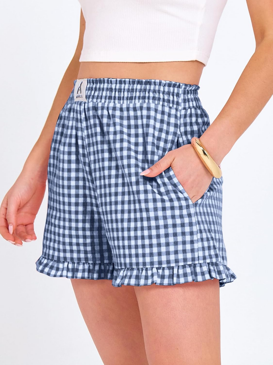ANRABESS Women's Gingham Shorts - Ruffle Boxer Pajama Shorts with Pockets