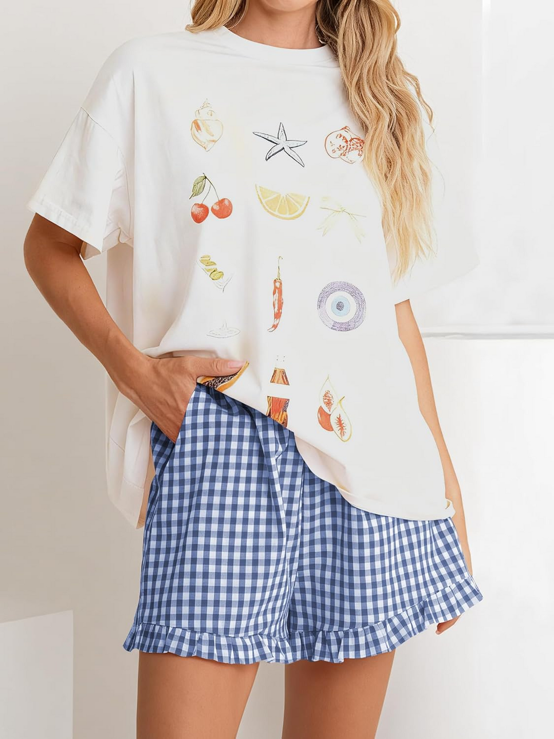 ANRABESS Women's Gingham Shorts - Ruffle Boxer Pajama Shorts with Pockets