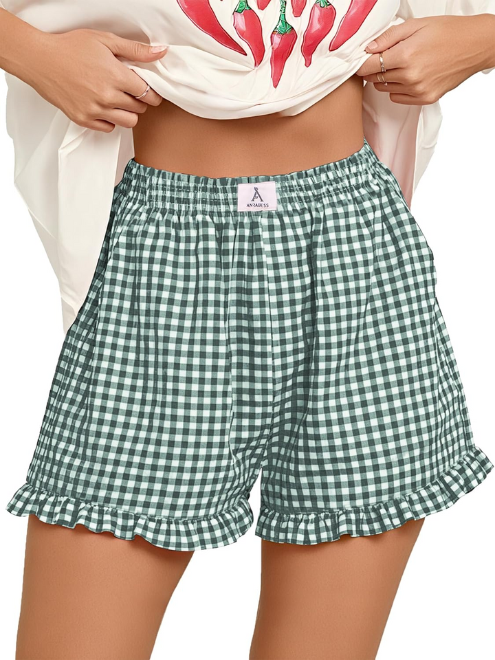 ANRABESS Women's Gingham Shorts - Ruffle Boxer Pajama Shorts with Pockets