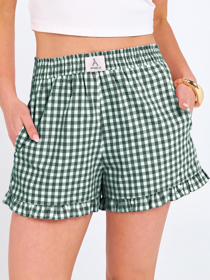 ANRABESS Women's Gingham Shorts - Ruffle Boxer Pajama Shorts with Pockets