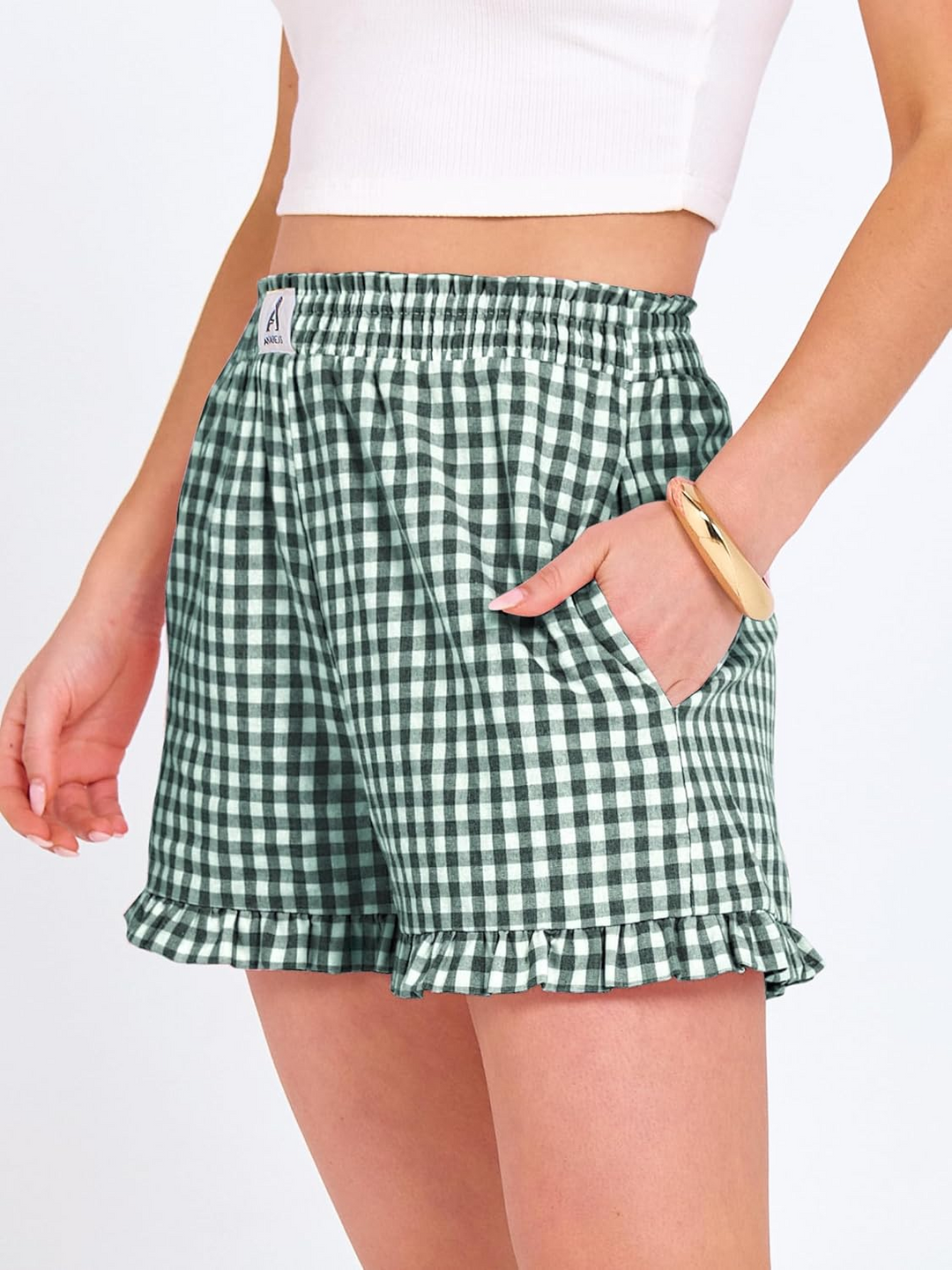 ANRABESS Women's Gingham Shorts - Ruffle Boxer Pajama Shorts with Pockets