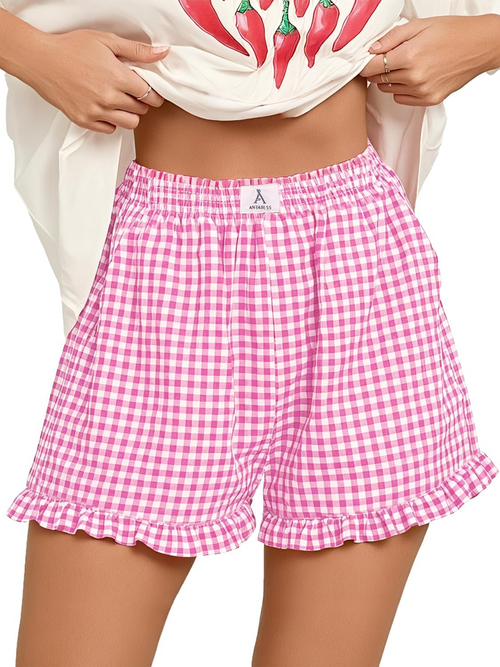 ANRABESS Women's Gingham Shorts - Ruffle Boxer Pajama Shorts with Pockets