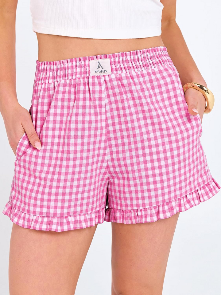 ANRABESS Women's Gingham Shorts - Ruffle Boxer Pajama Shorts with Pockets